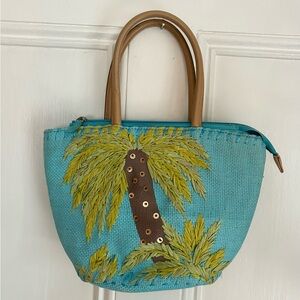 Tropical Blue & Brown Art Beaded Palm Tree Mini Bag